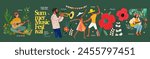Music and dance summer festival in nature. Vector illustration of a musician playing a trumpet, a girl with a guitar, dancing people, holiday flags, leaves, flowers, for a poster, flyer, social media 