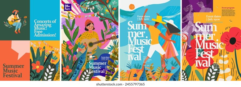 Music and dance summer festival in nature. Vector illustration of a musician playing a trumpet, a girl with a guitar, dancing people, holiday flags, leaves, flowers, for a poster, flyer, social media