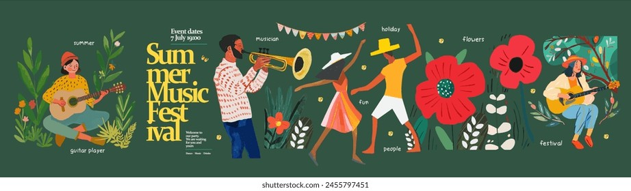 Music and dance summer festival in nature. Vector illustration of a musician playing a trumpet, a girl with a guitar, dancing people, holiday flags, leaves, flowers, for a poster, flyer, social media 