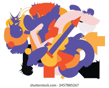 Music and dance summer festival in nature. Vector illustration of a musician playing a trumpet, a girl with a guitar, dancing people, holiday flags, leaves, flowers, for a poster, flyer, social woman