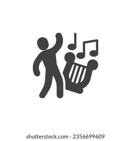 Music and Dance vector icon. filled flat sign for mobile concept and web design. Man and harp music glyph icon. Symbol, logo illustration. Vector graphics