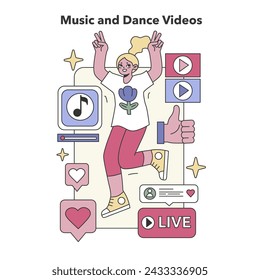 Music and Dance Videos concept. Energetic performer sharing rhythmic moves, engaging with fans live. Interactive digital entertainment. Flat vector illustration