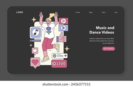 Music and Dance Videos concept. Energetic performer sharing rhythmic moves, engaging with fans live. Interactive digital entertainment. Flat vector illustration