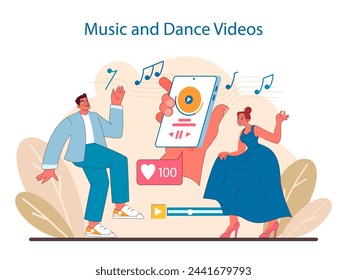 Music and Dance Videos concept. Expression through rhythm and movement. Dancers and musicians connecting with audiences in the digital space. Performance art online. Flat vector illustration.