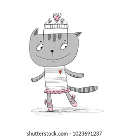 Music dancing gray cat ballerina vector children illustration