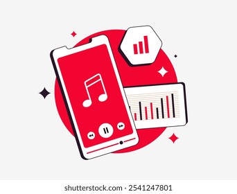 Music data analytics illustration showing trends in streaming, user insights and performance metrics. Analyzing listener behavior, boosting engagement and optimizing music marketing strategies