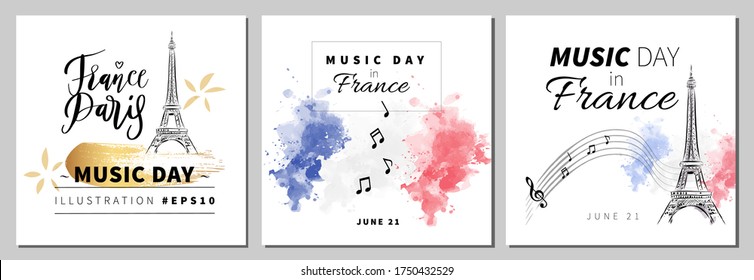 Music Day festival in France banner set. Eiffel Tower and musical notes. Holiday design background. Greeting card, print, postcard, invitation template.