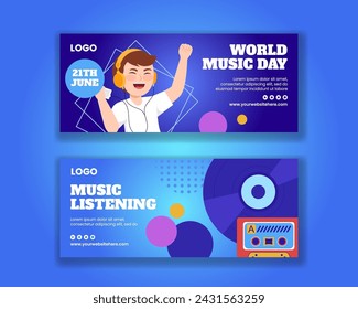 Music Day Horizontal Banner Flat Cartoon Hand Drawn Templates Background Illustration