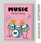 Music day poster. Drums and percussion instrument. Melody and song, music. International holiday and festival. Social media cover. Flat vector illustration isolated on beige background