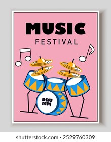 Cartaz do dia da música. Tambores e instrumentos de percussão. Melodia e música, música. Feriado e festival internacional. Capa de mídia social. Ilustração de vetor plano isolada no plano de fundo bege