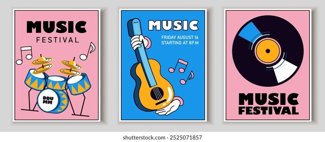 Music day posters set. Drums, guitar and vinyl disc. Musical festival and holiday, carnival. International holiday and festival 21 June. Flat vector collection isolated on grey background