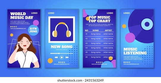 Music Day Social Media Stories Flat Cartoon Hand Drawn Templates Background Illustration