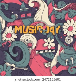 Music Day typography design with colorful ornamental background in retro concept for world music day campaign design or other music event
