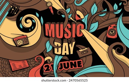 Music Day which celebrated on june 21 with doodle art ornamental and music concept design for world music day campaign