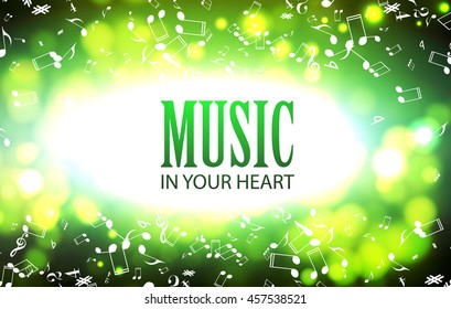 Music Design. Abstract Background with Colorful Bokeh Effect and Falling Notes. Vector illustration