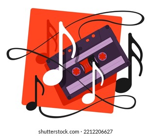 Music Design with audiotape or audio cassette and notes - isolated vector illustration