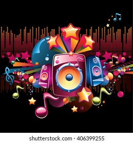 Music design - bright speakers, notes and stars