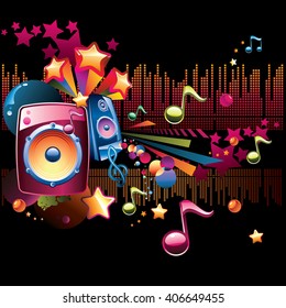 Music design - bright speakers, notes and stars