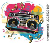 Music design - colorful boom box tape recorder and musical notes