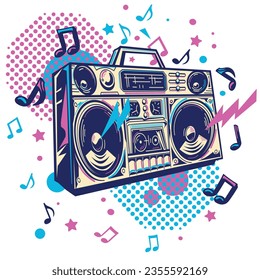 Music design - colorful boom box tape recorder and musical notes