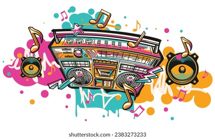 Music design - colorful boom box tape recorder and musical notes