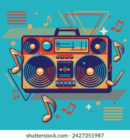 Music design - colorful boom box tape recorder and musical notes