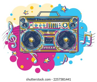 Music design - colorful drawn boom box tape recorder and musical notes