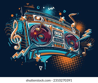 Music design - colorful drawn boom box tape recorder and musical notes