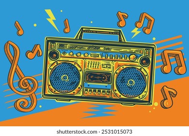 Music design - colorful drawn boom box tape recorder and musical notes