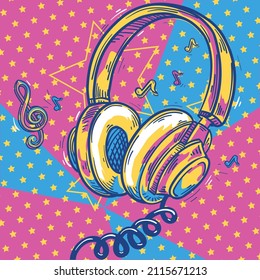 Music design - colorful drawn headphones and notes