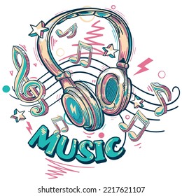 Music design - colorful drawn headphones and musical notes