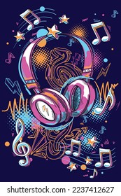 Diseño musical - auriculares dibujados de colores y notas musicales