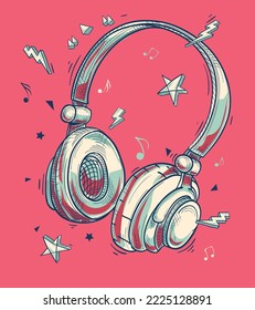 Music design - colorful drawn musical headphones and notes