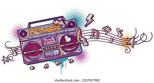 Music design - colorful drawn playing boom box tape recorder with clef and musical notes