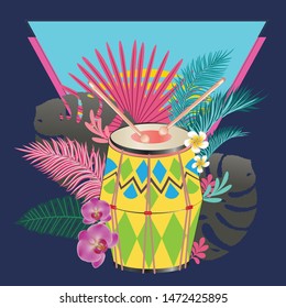 Music design with colorful festive drum and tropical leaves and flowers.