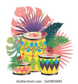 Music design with colorful festive drum and tropical leaves and flowers.