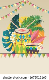 Music design with colorful festive drum and tropical leaves and flowers.