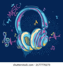 Music design - colorful graffiti drawn musical headphones and notes