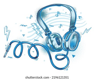 Music design - colorful graffiti drawn musical headphones and notes