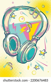 Music design - colorful graffiti drawn musical headphones and notes