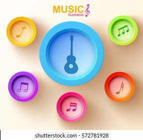 Music design concept with colorful round buttons guitar and musical notes on light background vector illustration