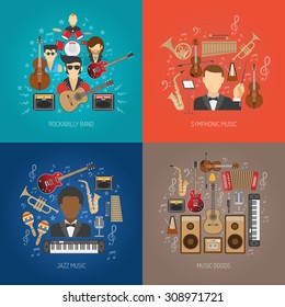 Music design concept set with jazz and symphonic flat icons isolated vector illustration