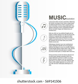 Music design concept with text paper stage microphone silhouette and notes icons on light background vector illustration