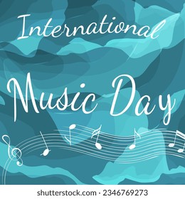 Music Design. Music day inscription and music wave on abstract blue background. For concerts, music, presentations, certificates.