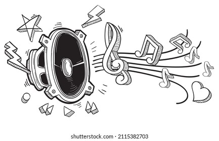 Music design - doodle drawn black and white loudspeaker and notes