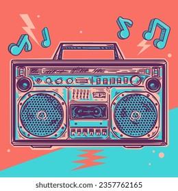 Music design - drawn colorful boom box tape recorder and musical notes