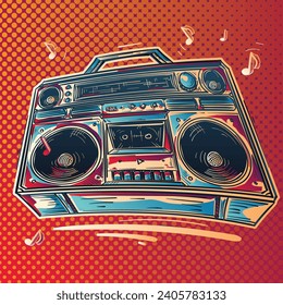 Music design - drawn colorful boom box tape recorder and musical notes