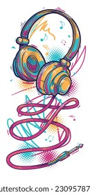 Music design - drawn colorful musical headphones and notes