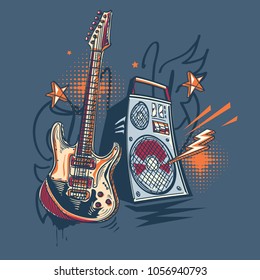 Music design - drawn electric guitar and amplifier