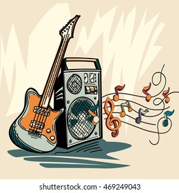 Music design - drawn guitar, amplifier and notes